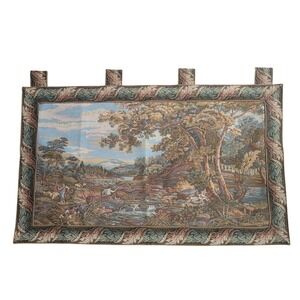 Vtg Landscape Tapestry Wall Hanging Shepherd River Fisher Sheep Germany 36x22